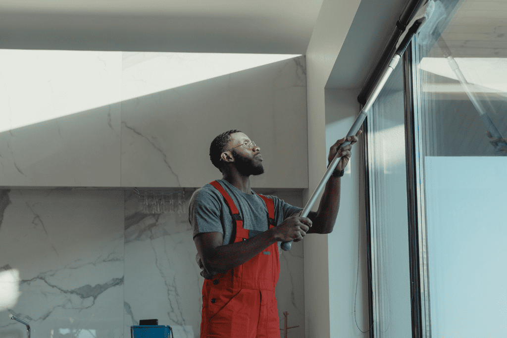 A man cleaning large glass windows with a telescoping squeegee inside a modern building with marble walls.