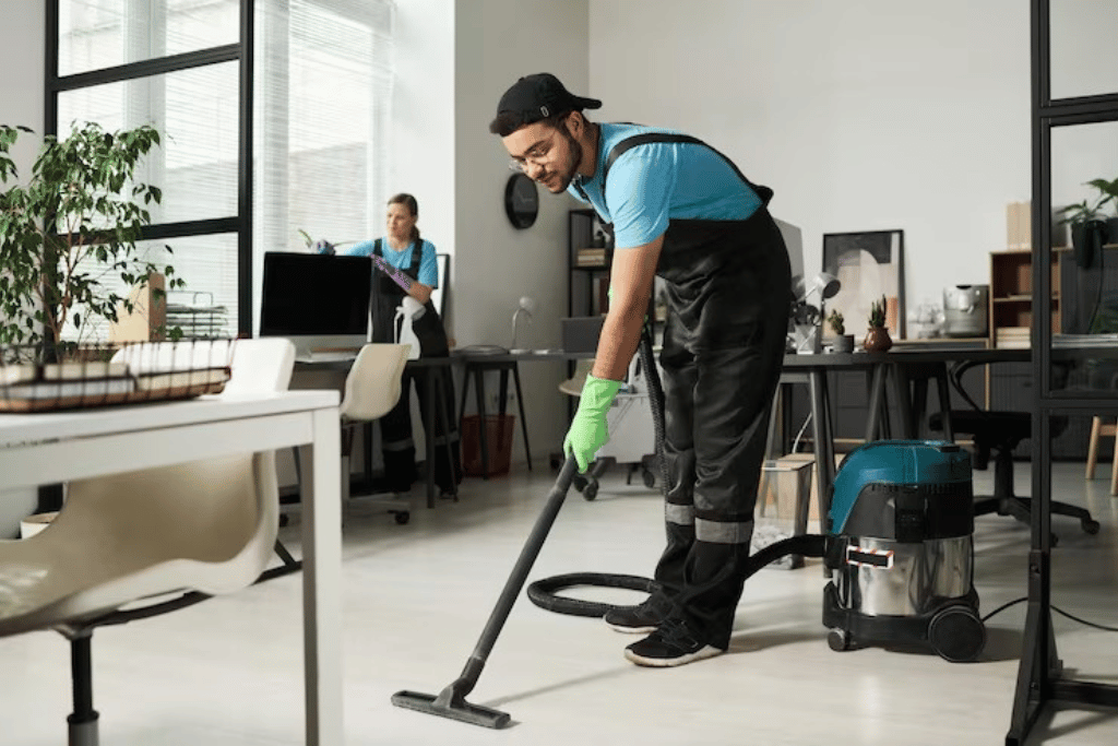 A man cleaning the floor of an office with a vacuum cleaner, wearing gloves, a rnvasj cap, glasses, and work overalls.